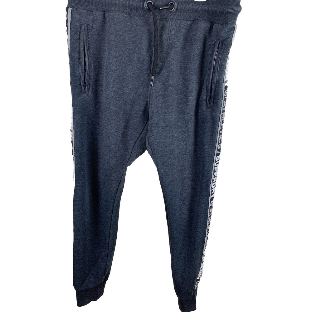 Superdry athletics sweatpants men's XL gray logo stripe zipper pockets